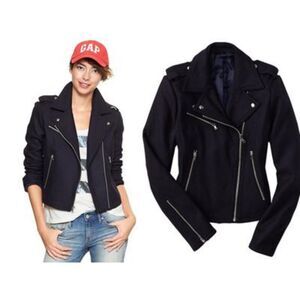 (C4)GAP blue wool motorcycle jacket,vintage,Sz XS, Asymmetrical,full-zip women's